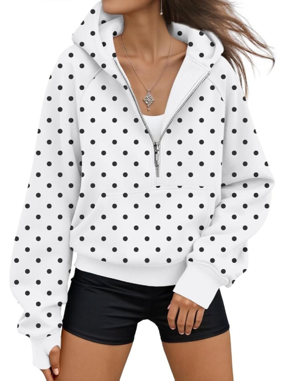 〽️Women White Dots Half Zip Up Hooded Neck Fleece Lined Pocket Travel Sweatshirt